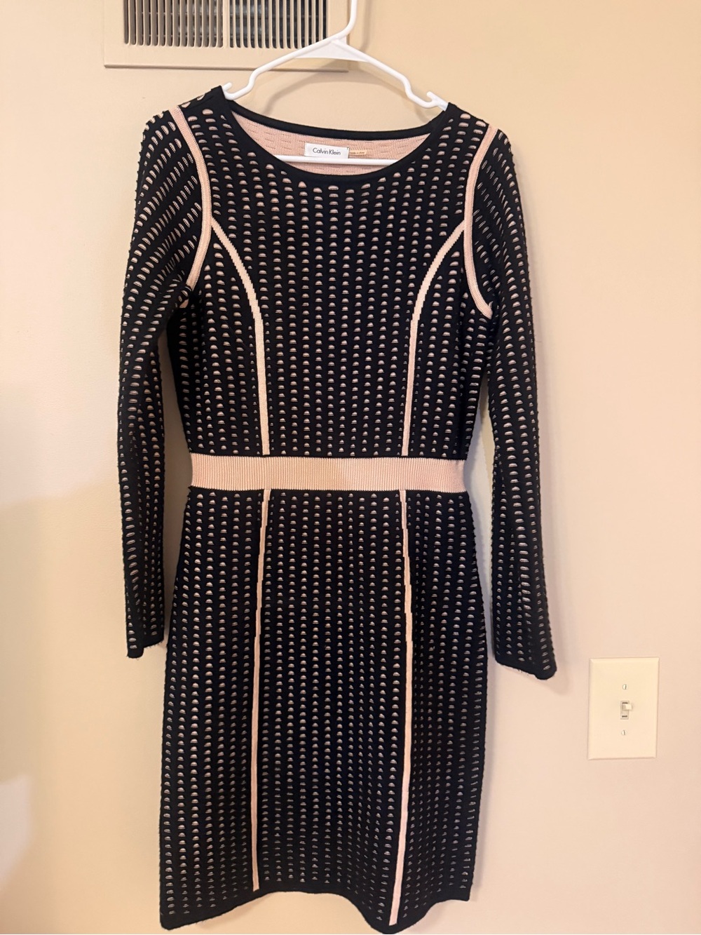 Calvin Klein Black Dress with Blush Trim, Long Sleeve Knit